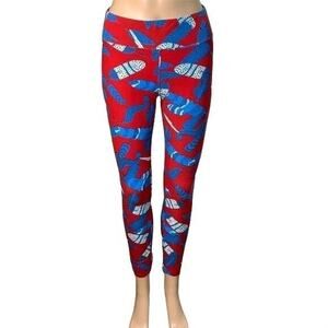 LulaRoe Womens Legging Feather Print Skinny Slim Fit Pants Red Blue One Size
